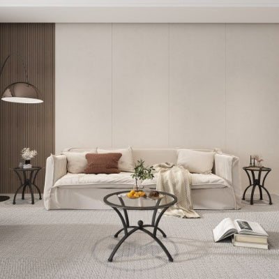 Juego de Mesas de Café de 3 Piezas con Superficie de Vidrio Templado, Mesa de Café Decorativa Redonda de Extremo Lateral con Construcción Robusta para Sala de Estar en Negro Rústico