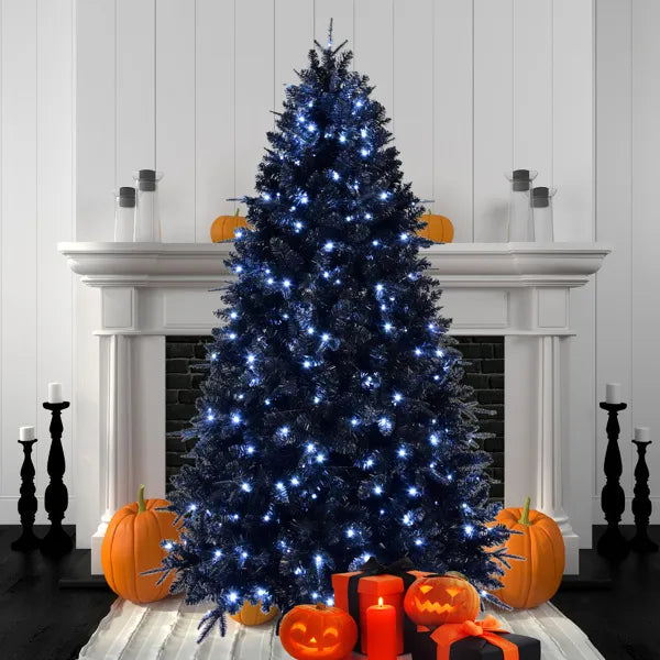 Árbol de Navidad Negro de 5 pies con 250 Luces LED Blancas, 1076 Puntas Árbol Artificial de PE+PVC para Decoración de Halloween y Fiestas, Estructura Bisagra con Soporte Metálico Estable