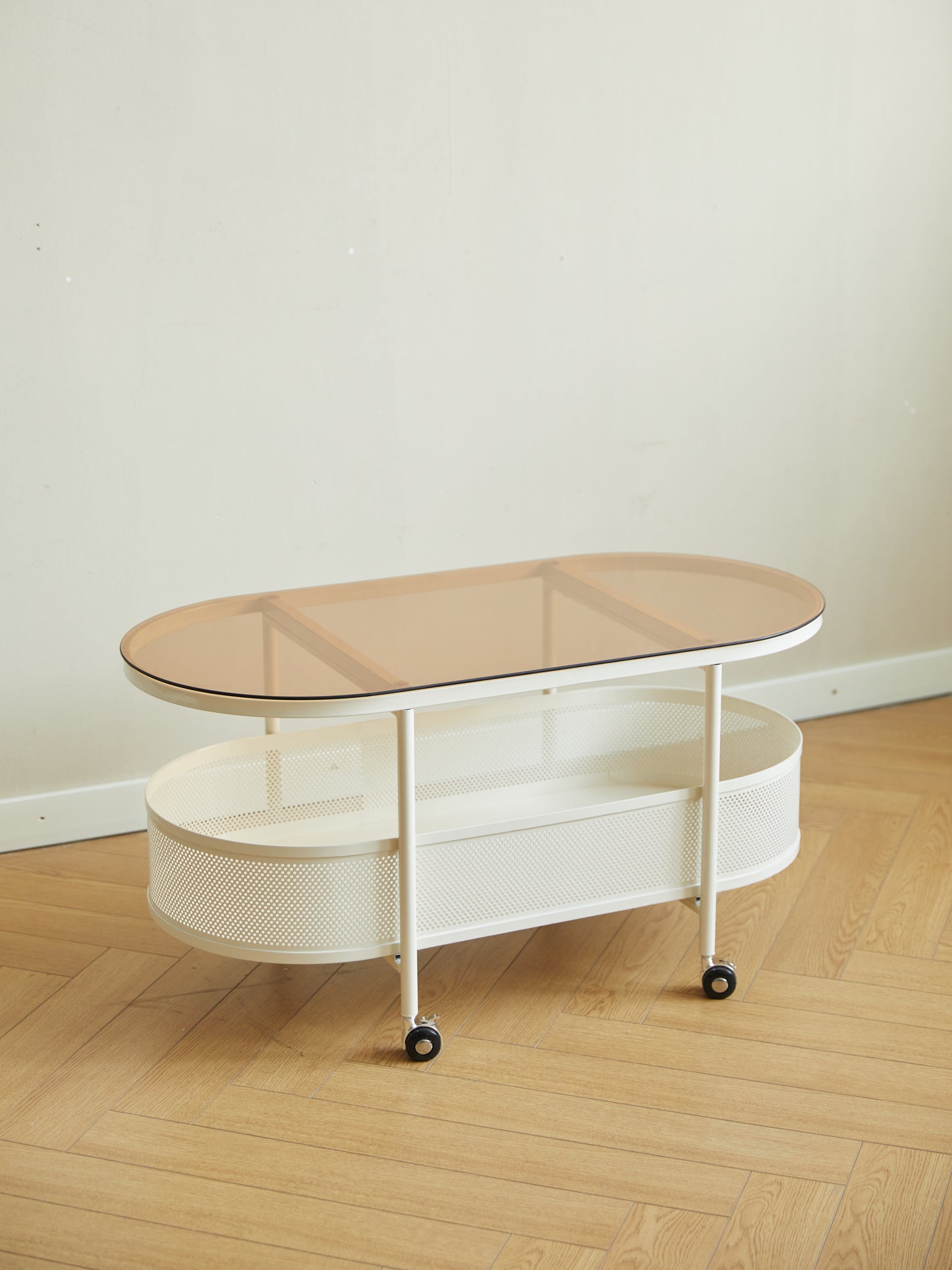 Movable Oval Metal Glass Coffee Table With Storage
