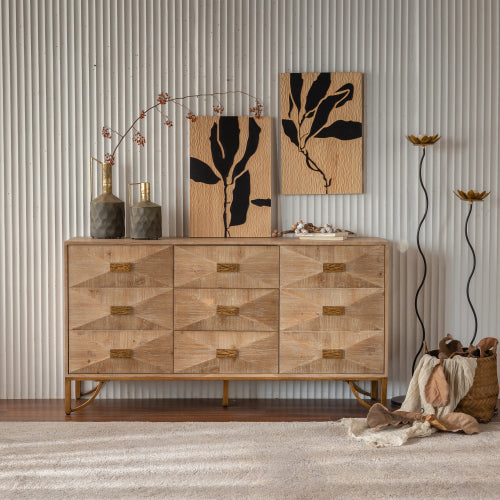 Cómoda de 9 cajones, Cómodas y cajoneras modernas, Soporte para TV, Cómoda de madera clara para dormitorio, sala de estar, pasillo