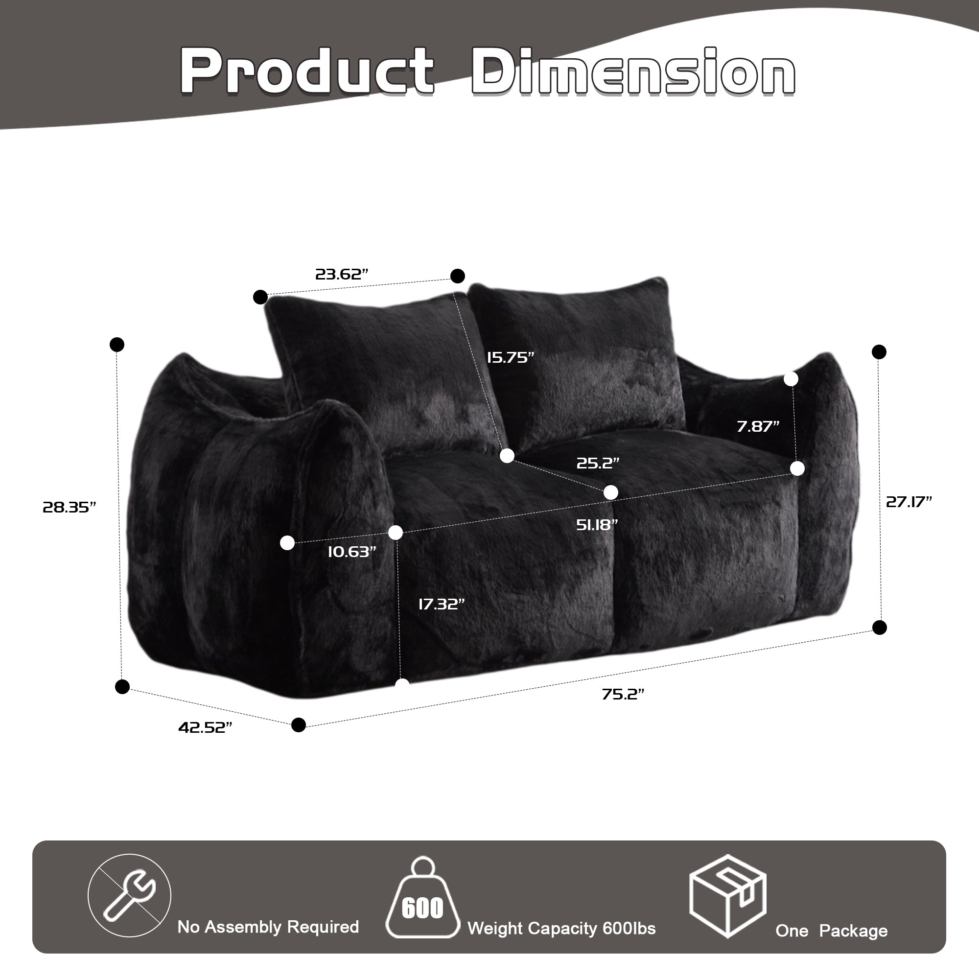 Sofá Gigante de Puf para Adultos, Sofá de Puf Loveseat Ultra Suave y Esponjoso, Silla de Reposo Oversized para Interiores en Sala de Estar o Dormitorio, No Requiere Ensamblaje, Silla de Lectura Acogedora con Almohadas, Negro