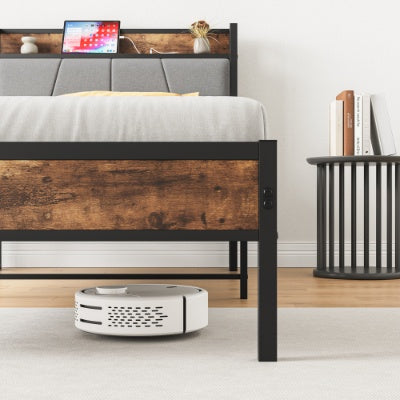 Estructura de Cama de Tamaño Individual, Cabecero con Almacenamiento y Estación de Carga, Sólida y Estable, No se Necesita Resorte de Caja, Ensamblaje Fácil