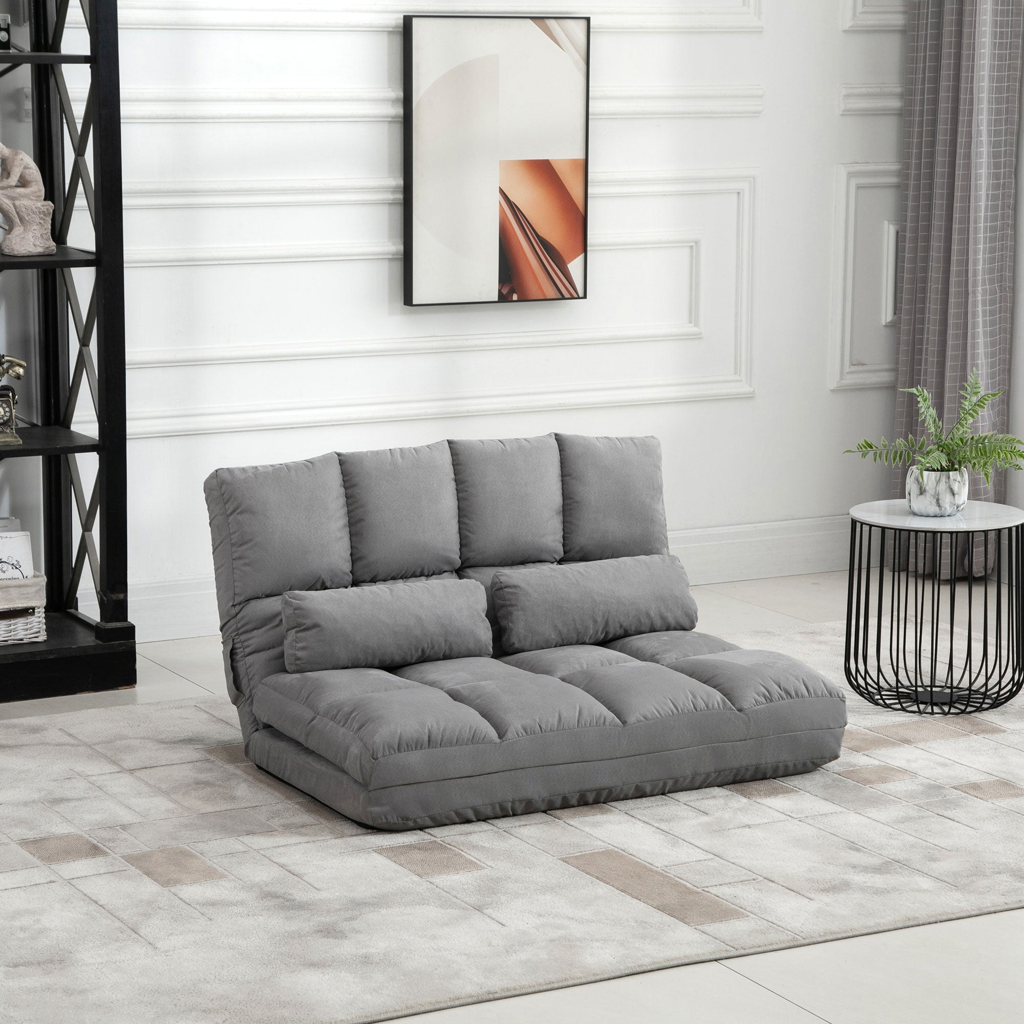 Sofá Cama Plegable con Tapizado Gris Convertible en Silla de Piso con Estructura de Metal y Almohadas