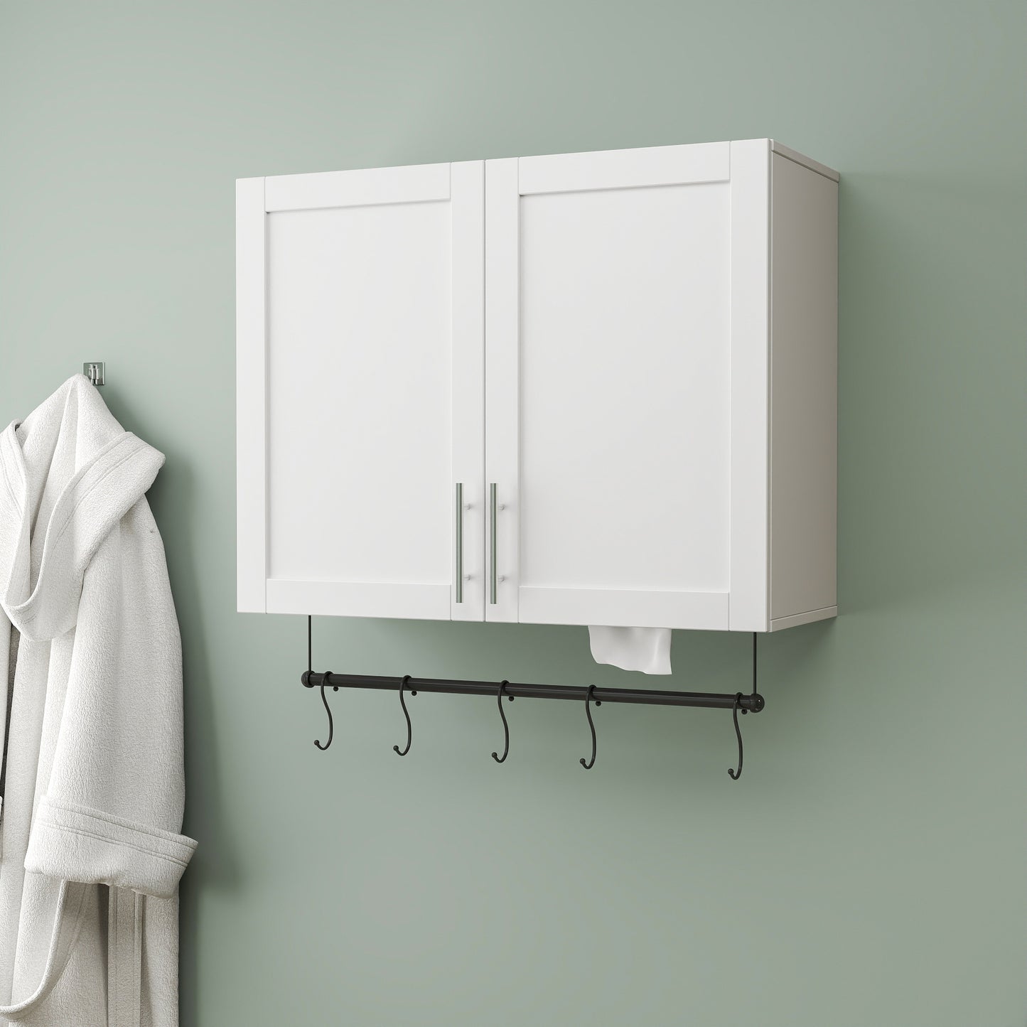Bathroom Wall Cabinet With Adjustable Shelf, Towel Bar, 5 Hooks, Over The Toilet Storage Cabinet For Bathroom, Kitchen, White