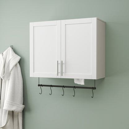 Bathroom Wall Cabinet With Adjustable Shelf, Towel Bar, 5 Hooks, Over The Toilet Storage Cabinet For Bathroom, Kitchen, White