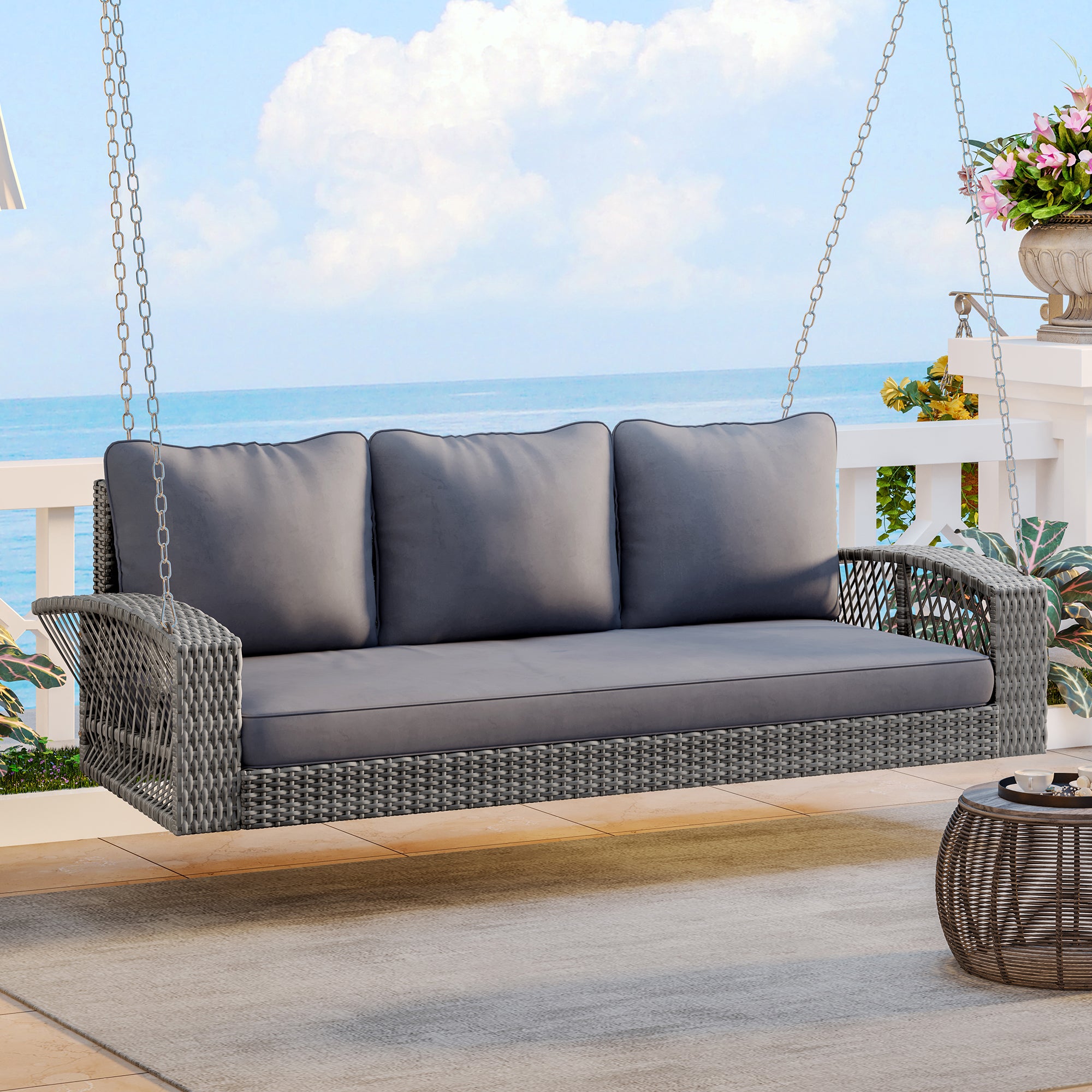 Gray Wicker Porch Swing