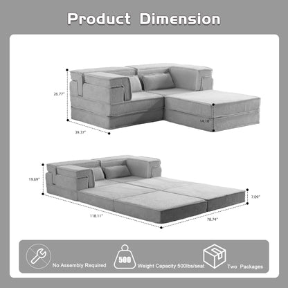 Compression Mahjong Sofa,Convertible Floor Sofa Bed,DIY Boneless Modular Sectional Sofa,No Assembly Required,Circle Fleece Fabric,Oversized 2 Seater With 1 Ottoman,Light-grey