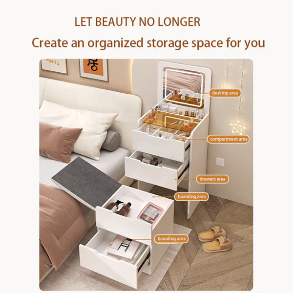 Tocador 3 en 1 con Espejo Giratorio e Iluminación, Pequeño Conjunto de Tocador para Maquillaje con Tablero de Mesa de Vidrio para Visión, 3 Cajones, Taburete de Almacenamiento, Espejo Iluminado de 3 Colores, Tocador para Dormitorio en Espacios Pequeños
