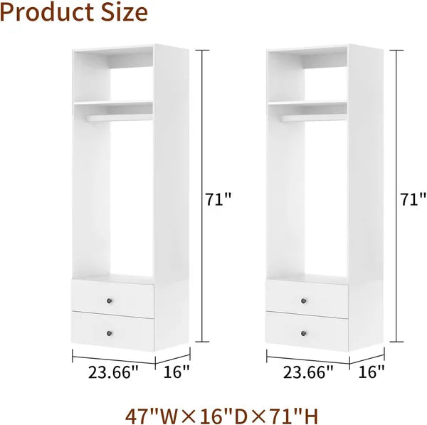 Closet Organizer System With Drawers,Walk In Closet Organizers And Storage, Wardrobe Closet With Closet Shelves, DIY Wooden Clothing Racks For Hanging Clothes (47" W X 16" D X 71" H)