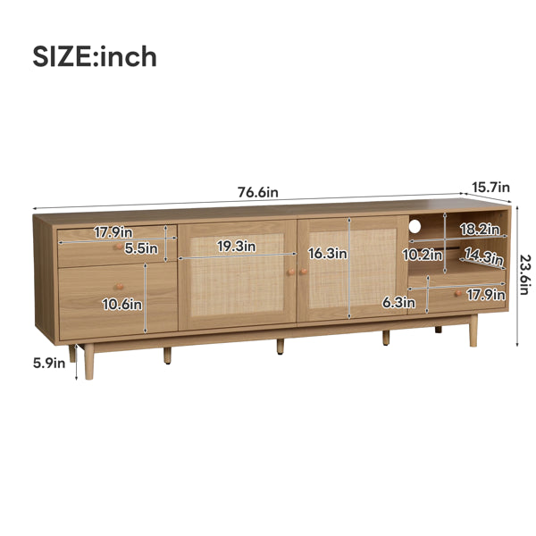 Mueble de TV Boho para televisores de 65, 75, 85 pulgadas, centro de entretenimiento con almacenamiento abierto y cajones, consola de TV de medios de madera moderna con ratán natural