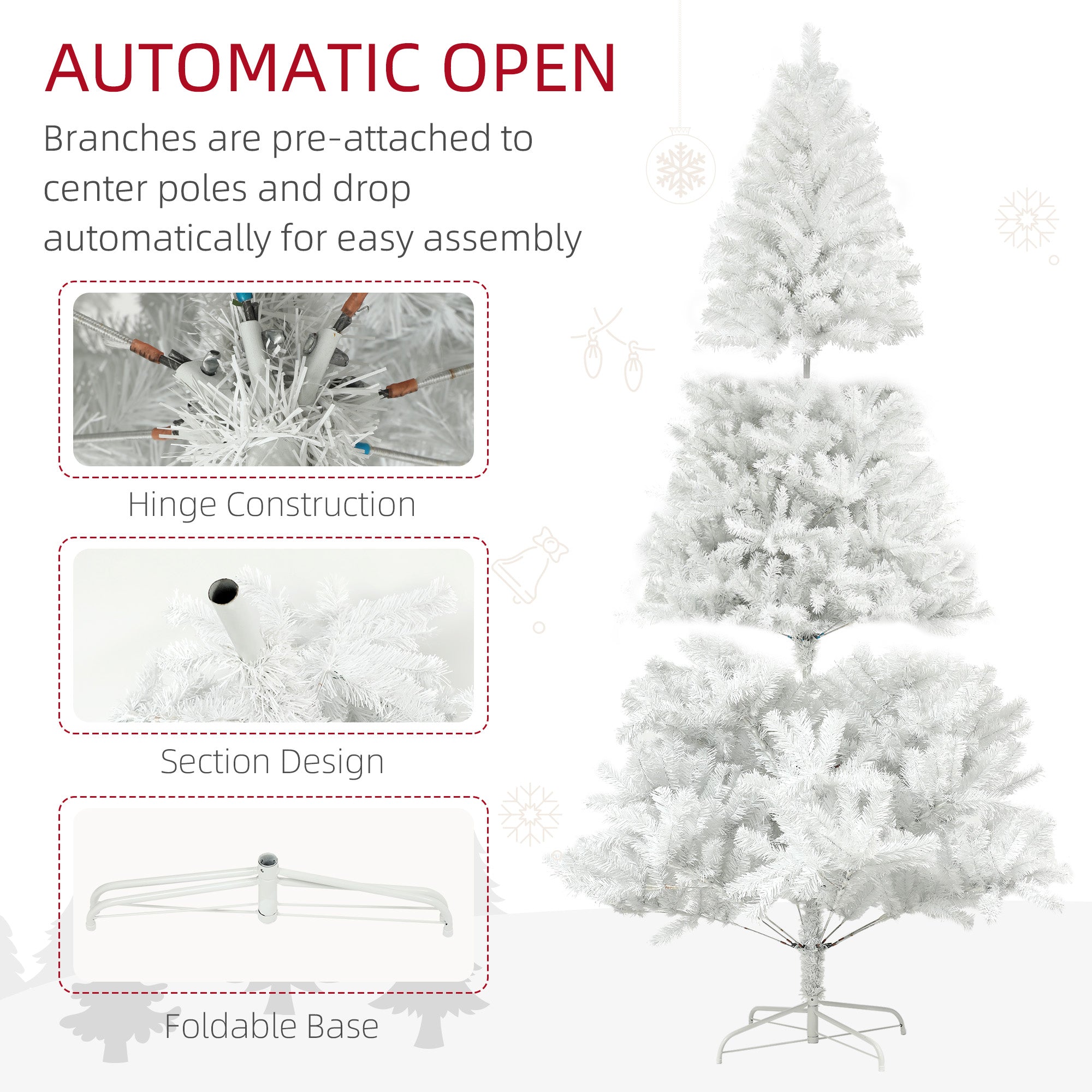 Árbol de Navidad Artificial de 9 pies de Altura HOMCOM, Árbol de Navidad Sin Luces con 2132 Puntas de Ramas, Apertura Automática, Base de Acero, Decoración Festiva para Hogar u Oficina, Blanco