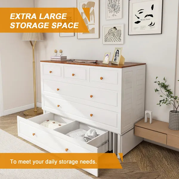Marco de Cama Murphy de Tamaño Queen con Cajones, Cama Murphy con Pecho y Estación de Carga, 2 Puertos USB, Cama Murphy Móvil para Arreglo de Dormir en Áreas Multipropósito para Dormitorio, Sala de Estar, Habitación de Huéspedes Blanco y Madera
