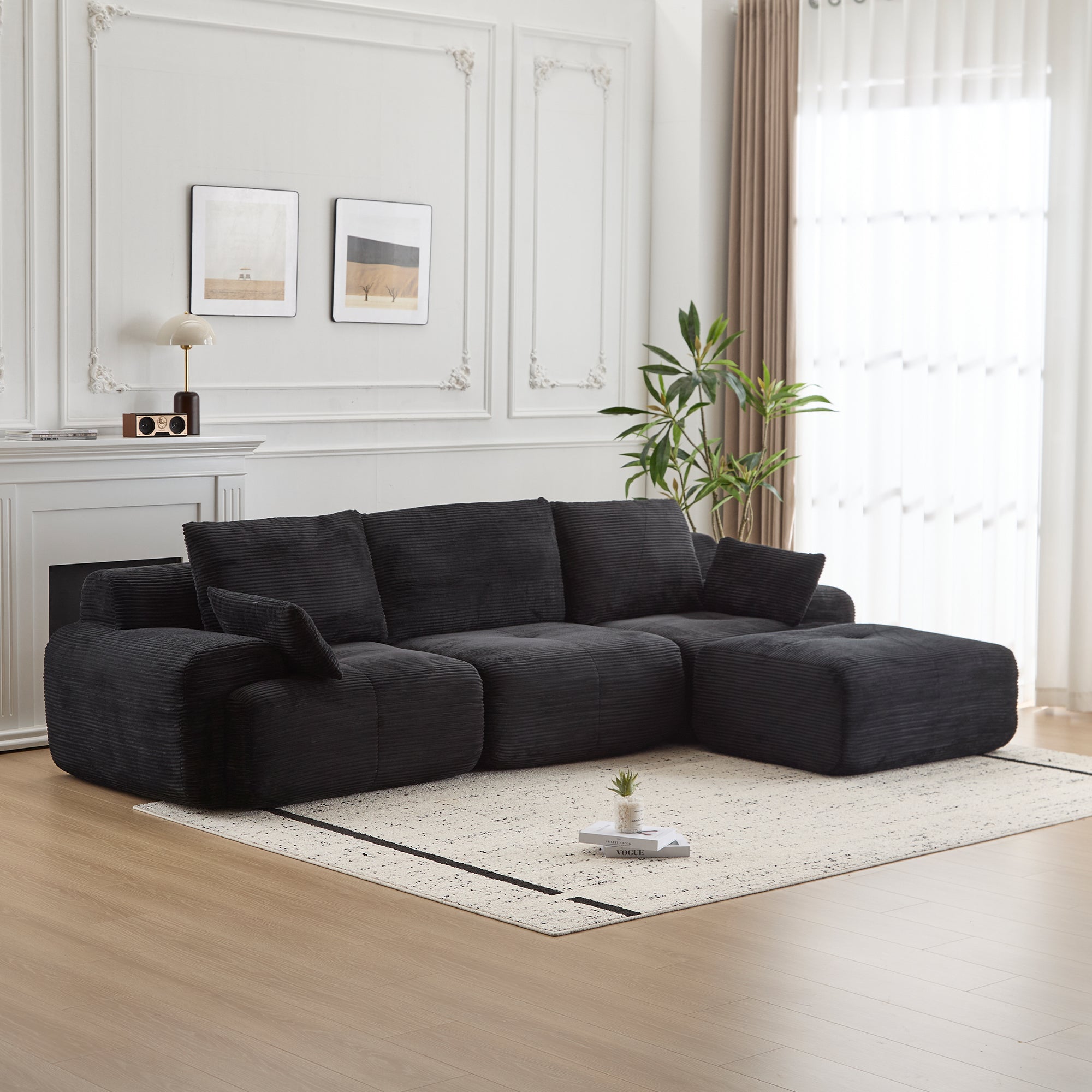 Black Corduroy Sectional Sofa Memory Foam Cushions