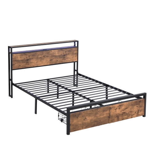 Estructura de Cama de Tamaño Queen con Cabecero de Almacenamiento y 2 Cajones, Cama con Luces LED y Estación de Carga