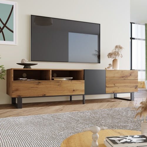 Mueble de TV Moderno para Televisor de 80'' con Doble Espacio de Almacenamiento, Mesa de Consola de Medios, Centro de Entretenimiento con Puerta Abatible para Sala de Estar