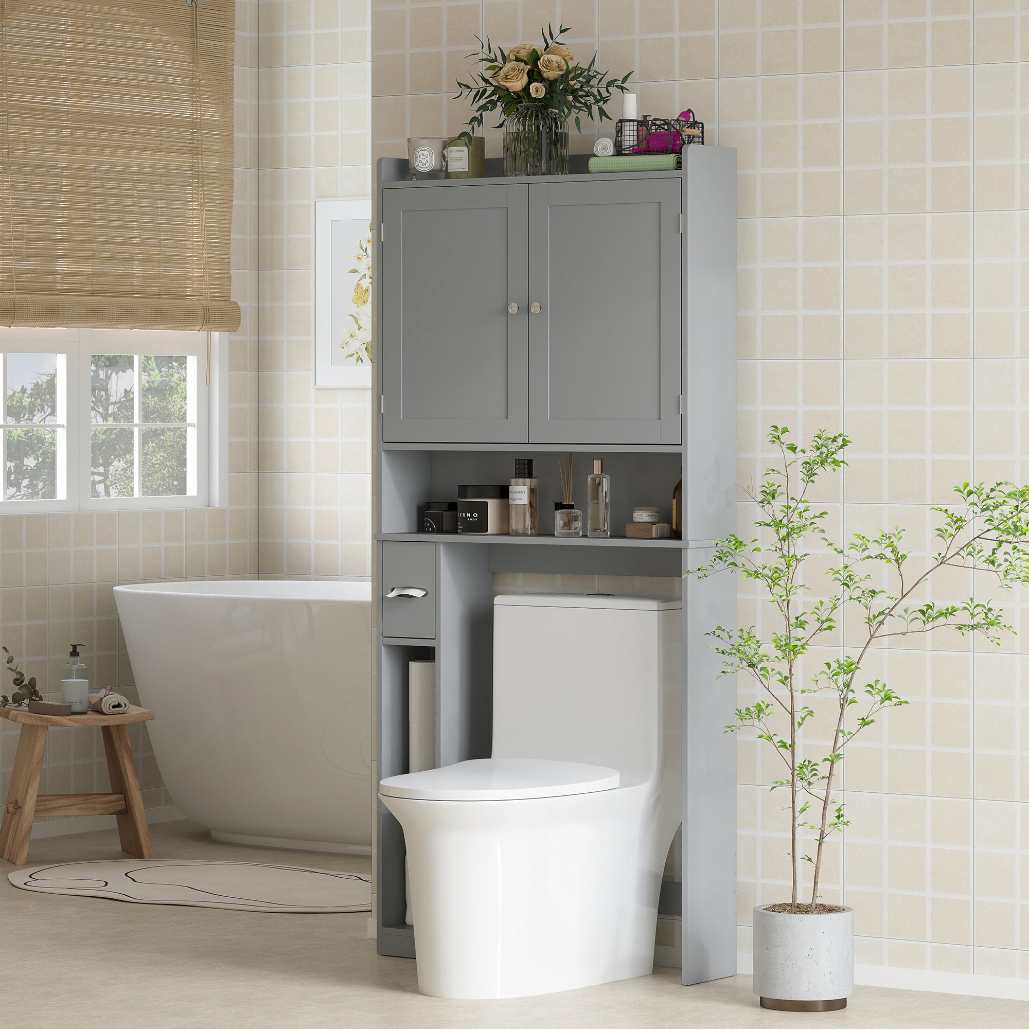White Modern Storage Cabinet Over-Toilet Two-Tier
