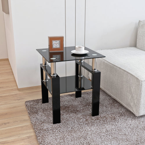 Mesa de Té de Vidrio Templado Moderna de 1 Pieza, Mesa de Café, Mesa Auxiliar, Mesa Cuadrada para Sala de Estar, Negra