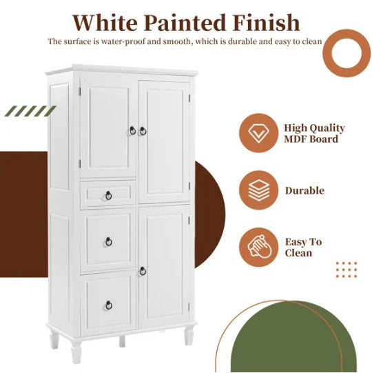 Gabinete de Almacenamiento Retro Multifuncional con Estanterías Ajustables, 3 Cajones y 3 Compartimentos Cerrados Organizador Estiloso y Versátil para Sala de Estar, Cocina o Oficina, Blanco