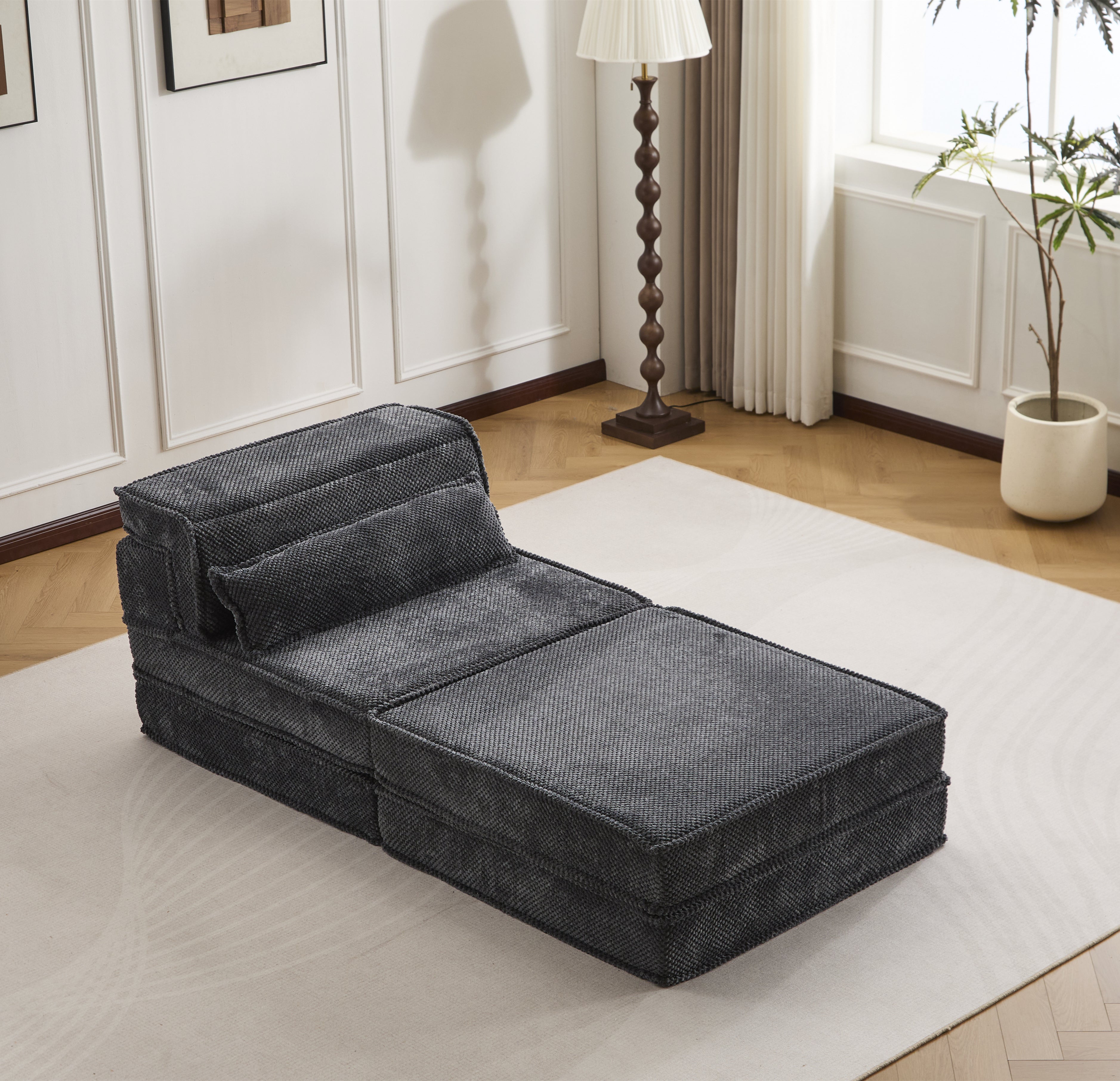 Sofá Mahjong de Compresión, Sofá Cama Convertible para el Suelo, Sofá Seccional Modular sin Huesos DIY, Sin Ensamblaje Requerido, Tela de Lana de Círculo, Asiento Individual Sobredimensionado con 1 Almohada y 1 Otomana, Gris Oscuro