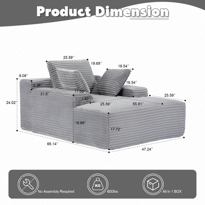 Oversized Chaise Lounge Chair Cozy Cloud Couch, Modern Plush Corduroy Upholstered Sleeper Sofa Daybed With 3 Throw Pillows And Wide Armrest For Living Room, No Assembly Required,Grey