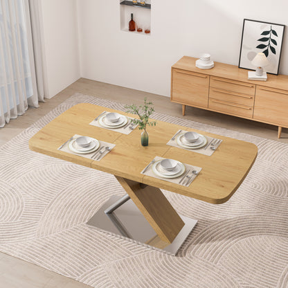 47.25 -63 Dining Table, Original Wood Color, Seating 4-6 People, Retractable Table, Cross Metal Base And Stainless Steel Tubing Natural