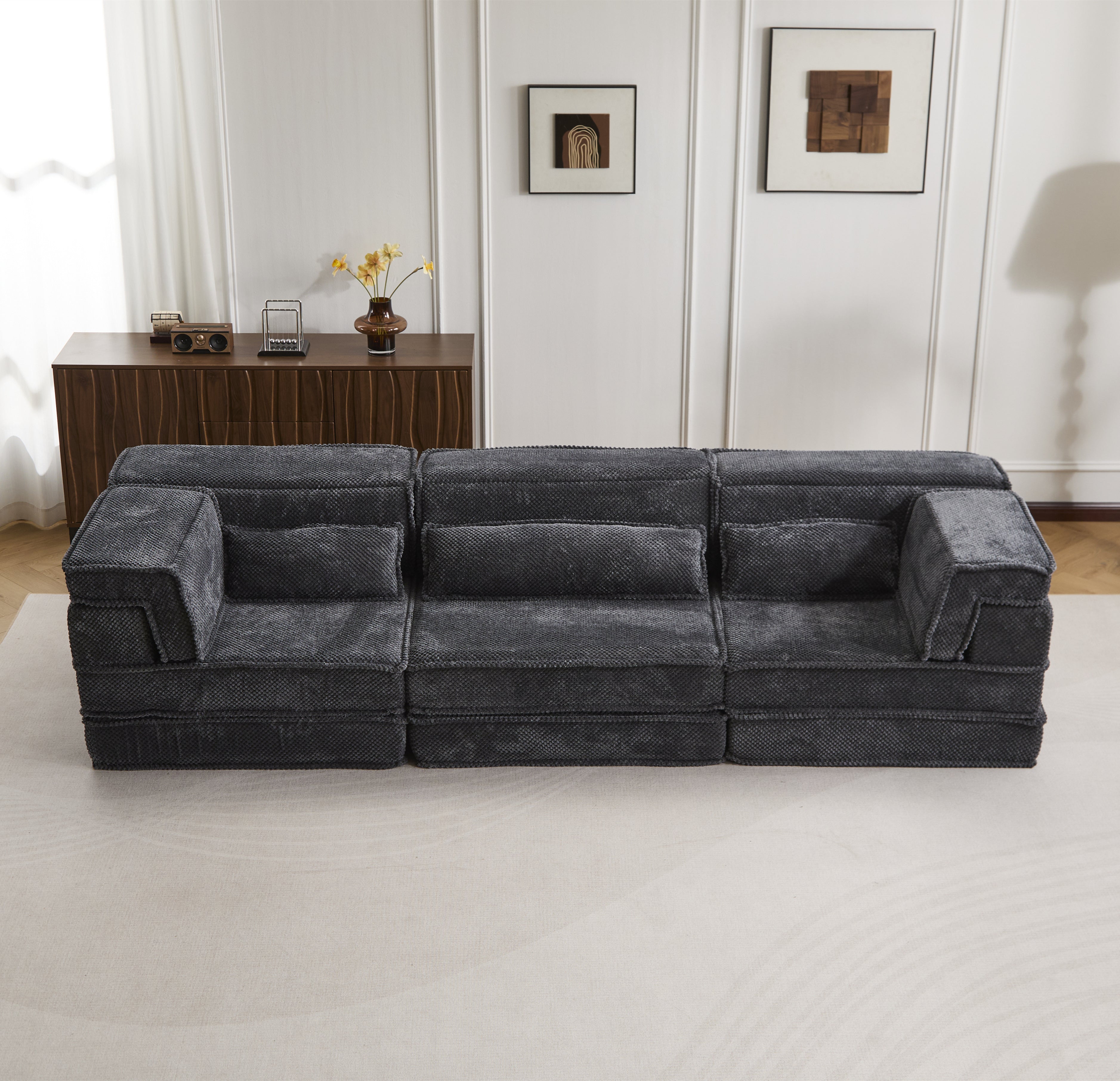 Sofá Mahjong de Compresión, Sofá Cama Convertible para el Suelo, Sofá Seccional Modular sin Huesos DIY, Sin Ensamblaje Requerido, Tejido de Felpa Circular, Asiento Triple Sobredimensionado con 3 Almohadas, Gris Oscuro