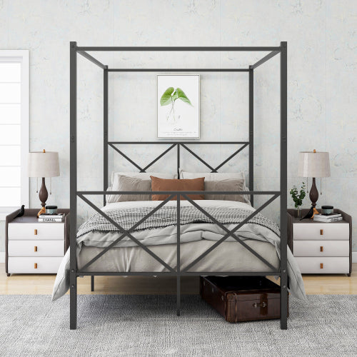 Black Metal Canopy Bed Sturdy Frame Design