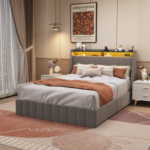 Estructura de Cama de Tamaño Completo con LED, 4 Cajones de Almacenamiento Portátiles Bajo la Cama, Diseño de Cabecero con Alas, Gris Claro