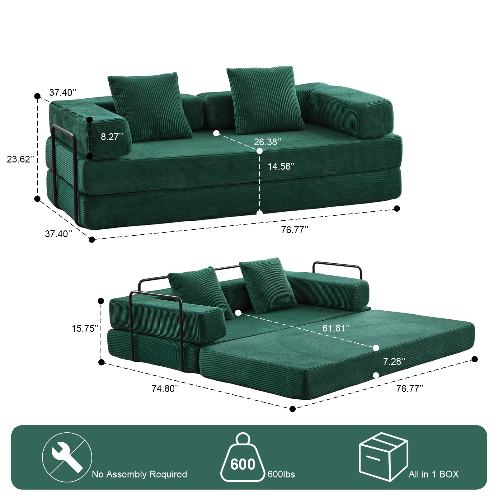 Sofá de Suelo, Sofá de Compresión, Sofá Cama Convertible de Suelo - con Soporte de Espalda en Almohada y Reposabrazos, Sofá Futón Cómodo para Reposar Cama para Dormir, Tela de Corduroy, para Sala de Estar y Dormitorio en Verde Oscuro