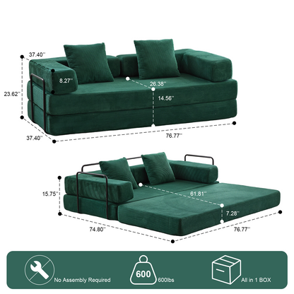 Floor Couch,Compression Sofa,Convertible Floor Sofa Bed-with Pillow Back Support Armrest,Comfy Futon Couch Lounge Sleeper Bed,Corduroy Fabric,for Living Room Bedroom Dark Green
