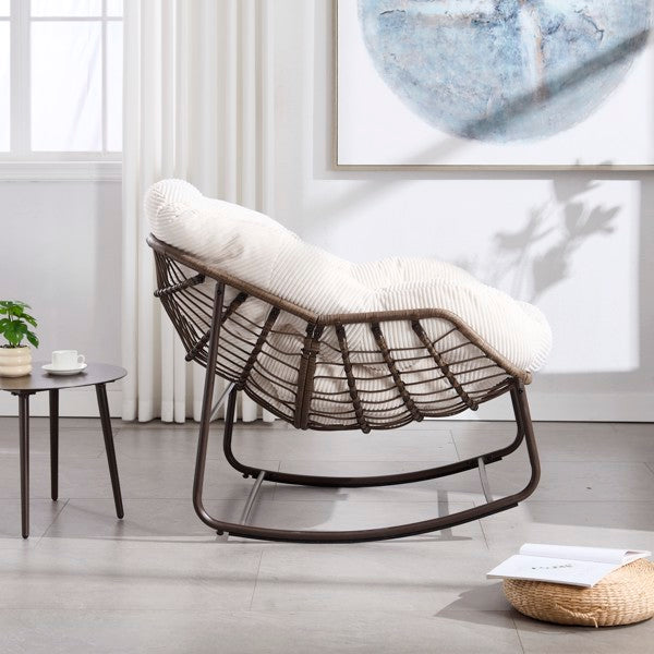 Silla Mecedora de Mimbre Exterior, Silla Mecedora Reclinable con Cojín Acolchado para Exterior en Pórtico Delantero, Sala de Estar, Terraza, Jardín, Blanco-Prohibida su Venta en la Plataforma Temu