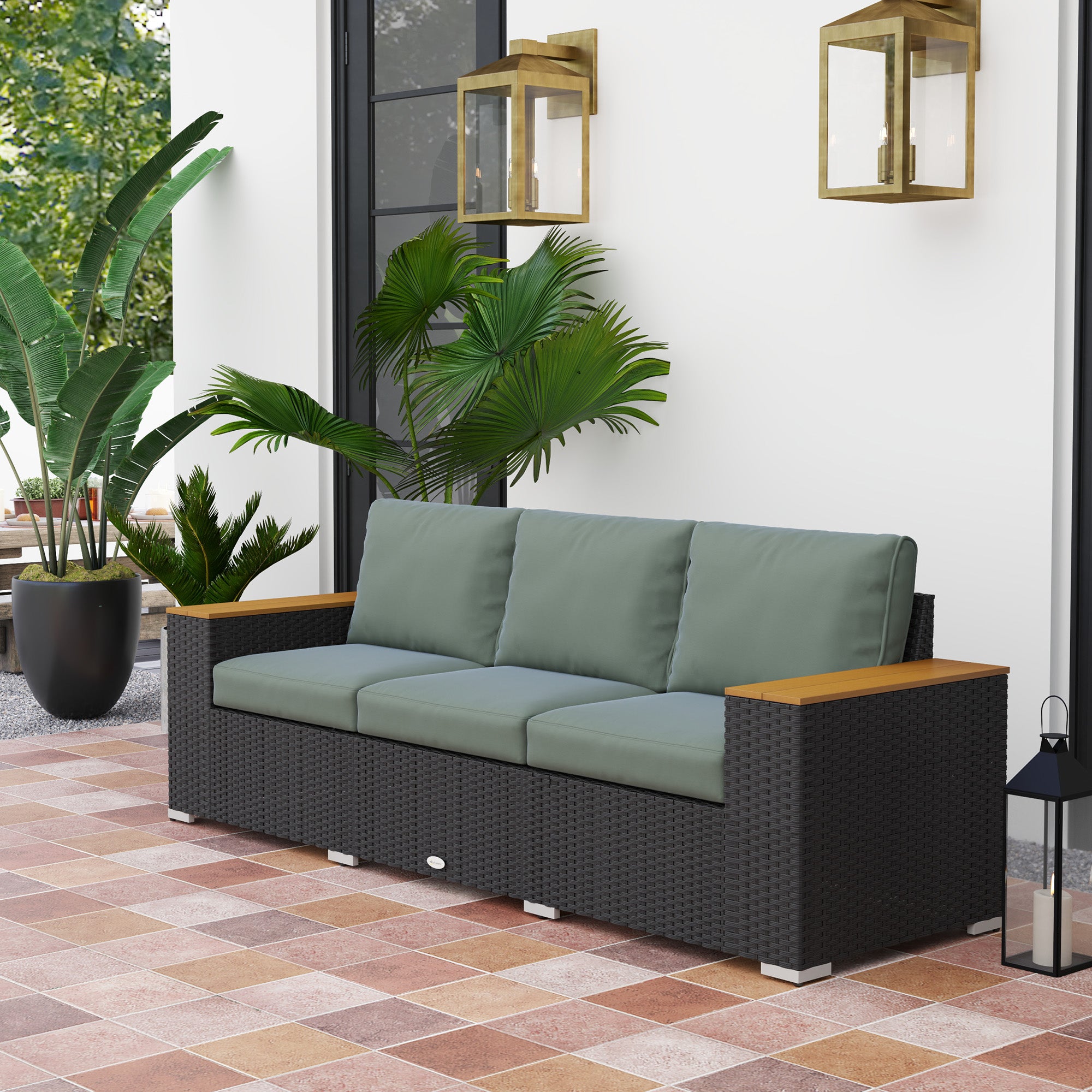 Sofá de Patio Exterior para 3 Personas con Cojines, Sofá de Mimbre de Ratán PE con Reposabrazos Anchos, Sofá de Mimbre Exterior, Gris Oscuro