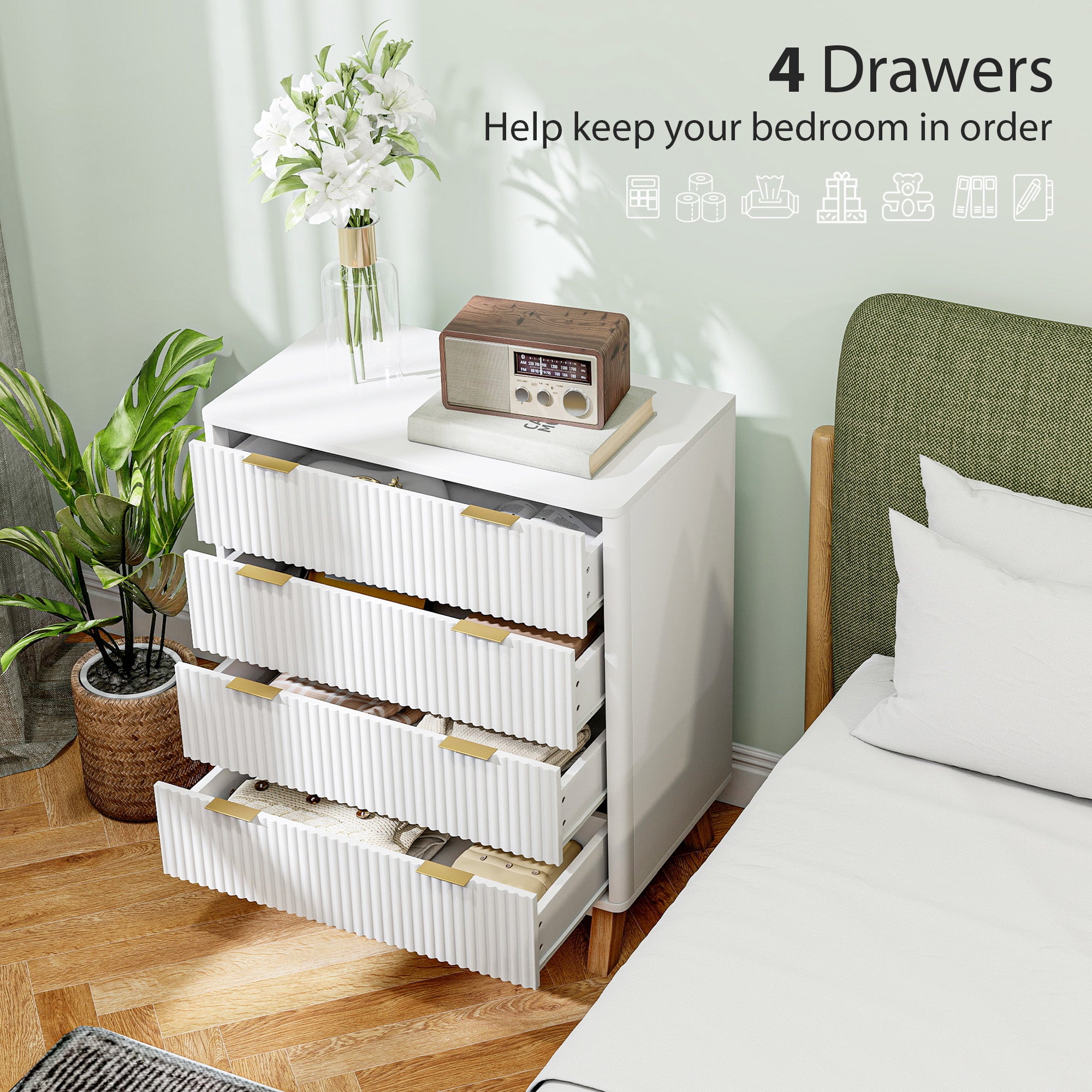 Cómoda Doble de 4 Cajones para Dormitorio, Peinador con Cajones Estriados con Tiradores de Oro y 4 Patas de Madera, Blanco