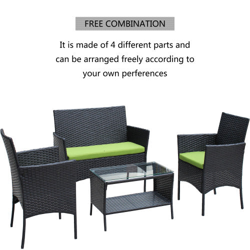 4er-PC-Rattan-Patio-Möbel-Set für den Außenbereich mit gepolsterten Sitzen Korbsofa mit grünem Polster