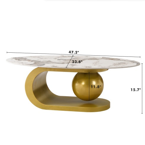 Mesa de Centro Oval Moderna para Sala de Estar, Encimera de Mesa de Centro de Piedra Sinterizada con Patrón de Mármol y Base de Acero Inoxidable Dorado en 47.2