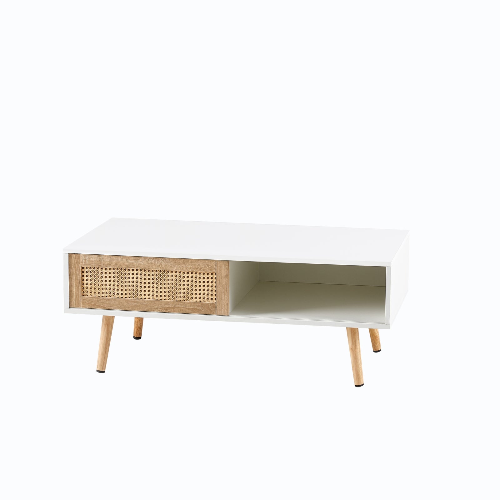 Mesa de Café de Ratán con Puerta Corredera y Patas de Madera Maciza - Sala de Estar Moderna