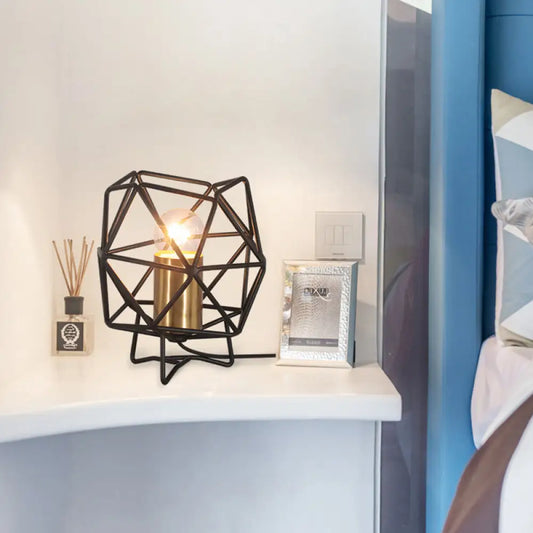 Lámpara de mesa metálica geométrica tipo jaula de 6"/12.5" de ancho - Lámpara de noche retro industrial en negro