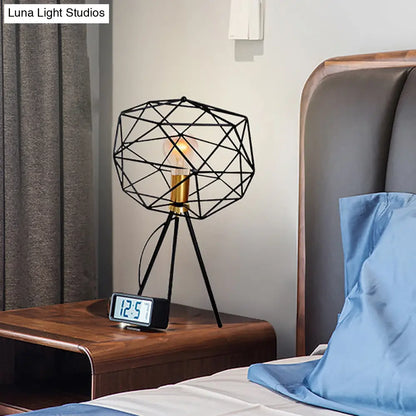 Lámpara de mesa metálica geométrica tipo jaula de 6"/12.5" de ancho - Lámpara de noche retro industrial en negro