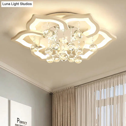 DecorBites™ 6/16/20 White Flush Mount Ceiling Light for Living Room - Warm/White Light, Floral Acrylic Shade, Crystal Drop