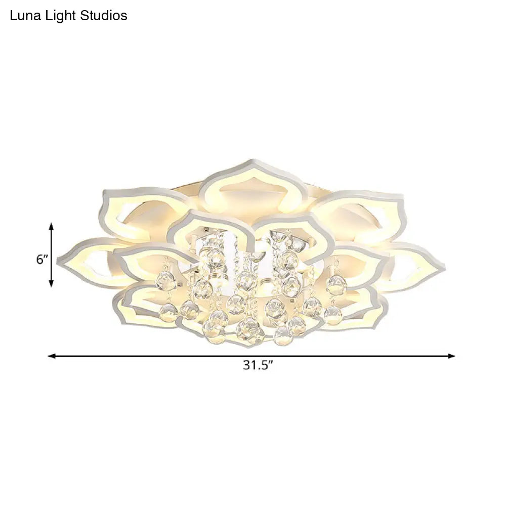 DecorBites™ 6/16/20 White Flush Mount Ceiling Light for Living Room - Warm/White Light, Floral Acrylic Shade, Crystal Drop
