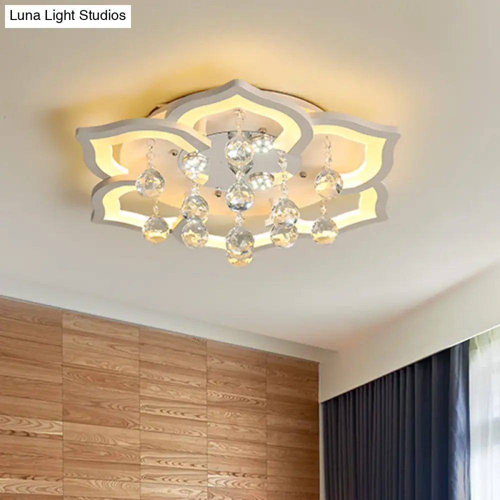 DecorBites™ 6/16/20 White Flush Mount Ceiling Light for Living Room - Warm/White Light, Floral Acrylic Shade, Crystal Drop