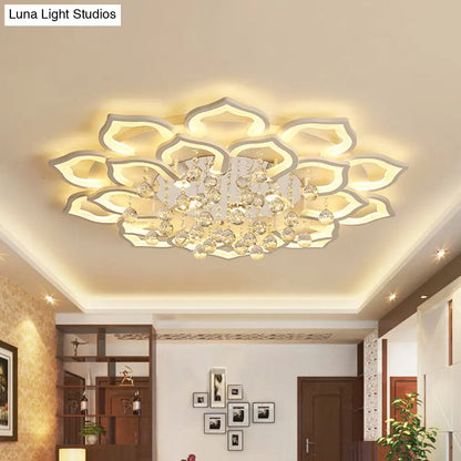 DecorBites™ 6/16/20 White Flush Mount Ceiling Light for Living Room - Warm/White Light, Floral Acrylic Shade, Crystal Drop