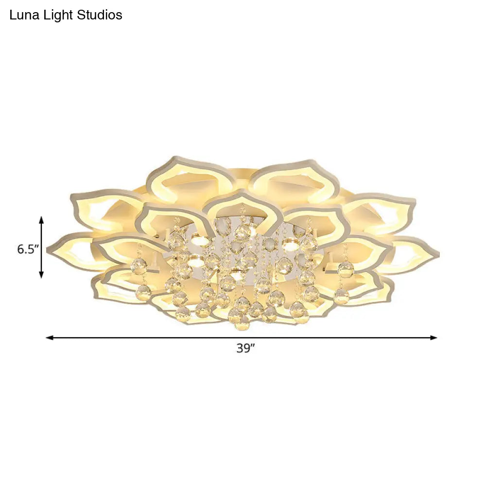 DecorBites™ 6/16/20 White Flush Mount Ceiling Light for Living Room - Warm/White Light, Floral Acrylic Shade, Crystal Drop