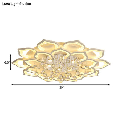 DecorBites™ 6/16/20 White Flush Mount Ceiling Light for Living Room - Warm/White Light, Floral Acrylic Shade, Crystal Drop
