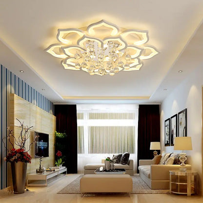 DecorBites™ 6/16/20 White Flush Mount Ceiling Light for Living Room - Warm/White Light, Floral Acrylic Shade, Crystal Drop