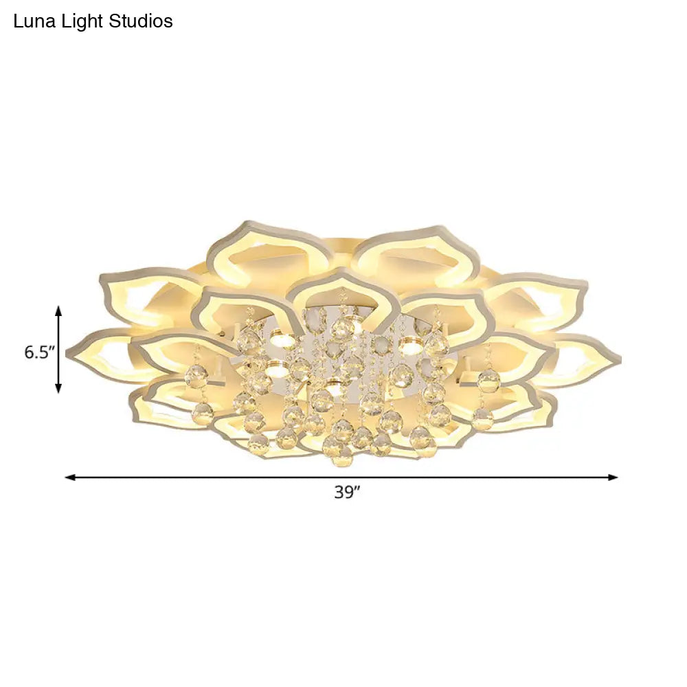 DecorBites™ 6/16/20 White Flush Mount Ceiling Light for Living Room - Warm/White Light, Floral Acrylic Shade, Crystal Drop
