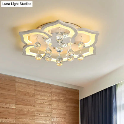 DecorBites™ 6/16/20 White Flush Mount Ceiling Light for Living Room - Warm/White Light, Floral Acrylic Shade, Crystal Drop