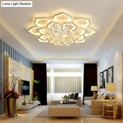 DecorBites™ 6/16/20 White Flush Mount Ceiling Light for Living Room - Warm/White Light, Floral Acrylic Shade, Crystal Drop