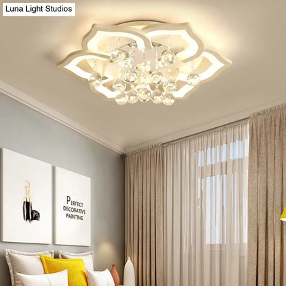 DecorBites™ 6/16/20 White Flush Mount Ceiling Light for Living Room - Warm/White Light, Floral Acrylic Shade, Crystal Drop