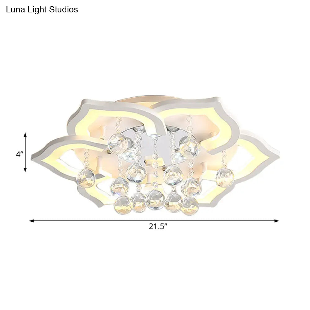 DecorBites™ 6/16/20 White Flush Mount Ceiling Light for Living Room - Warm/White Light, Floral Acrylic Shade, Crystal Drop